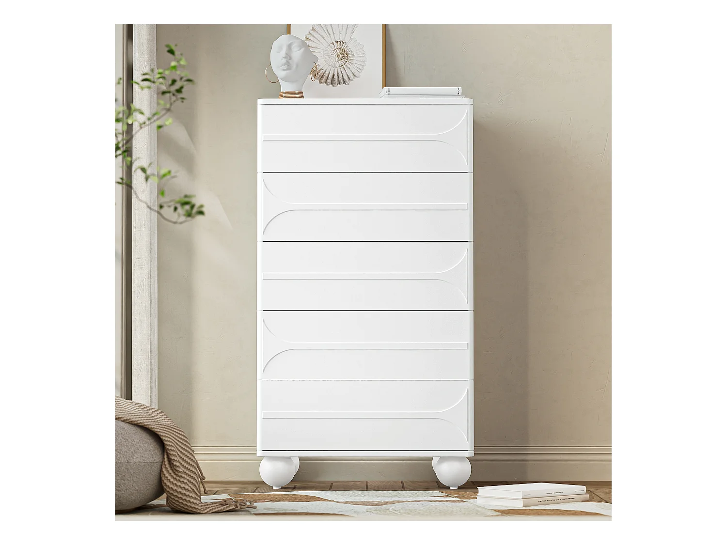 Commode à 5 tiroirs - 60 x 40 x 109 cm - design élégant en relief – pieds en métal - aggloméré + MDF - blanc