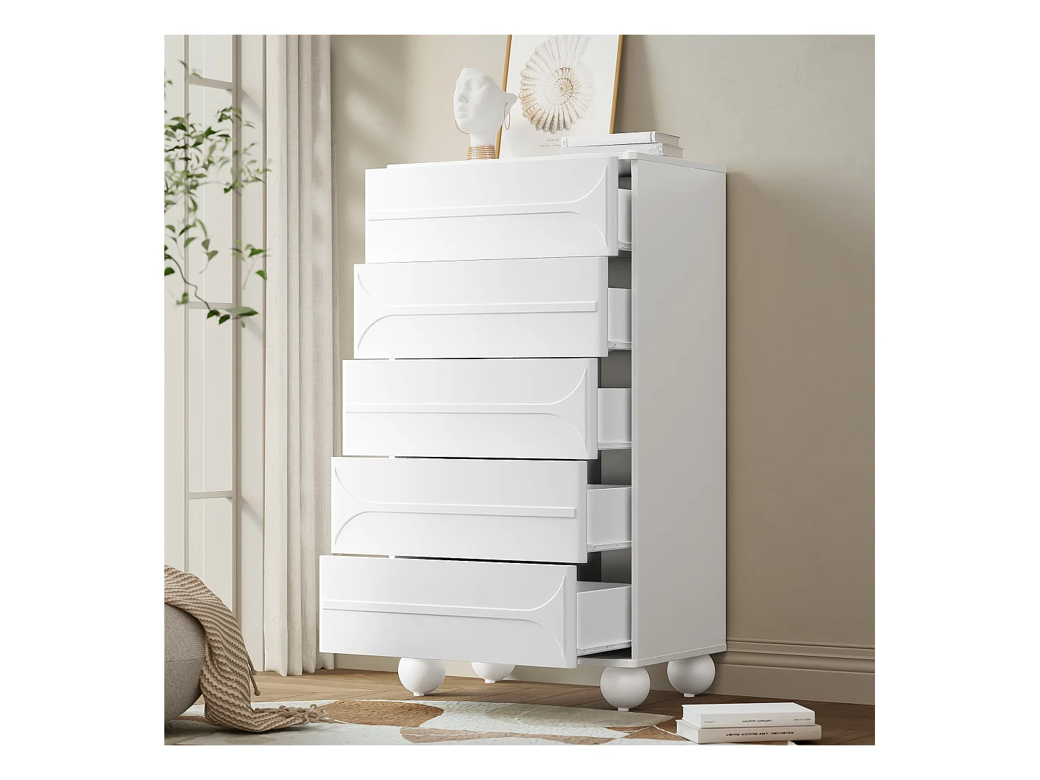 Commode à 5 tiroirs - 60 x 40 x 109 cm - design élégant en relief – pieds en métal - aggloméré + MDF - blanc