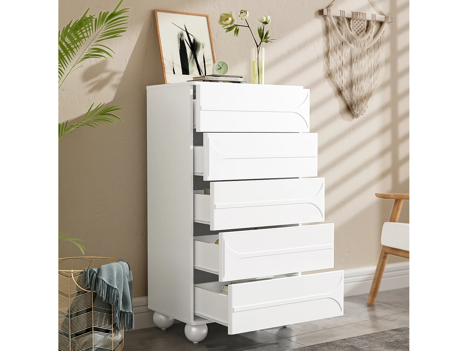 Ladekast met 5 laden - 60 x 40 x 109 cm - elegant reliëfdesign - metalen poten - spaanplaat + MDF - wit