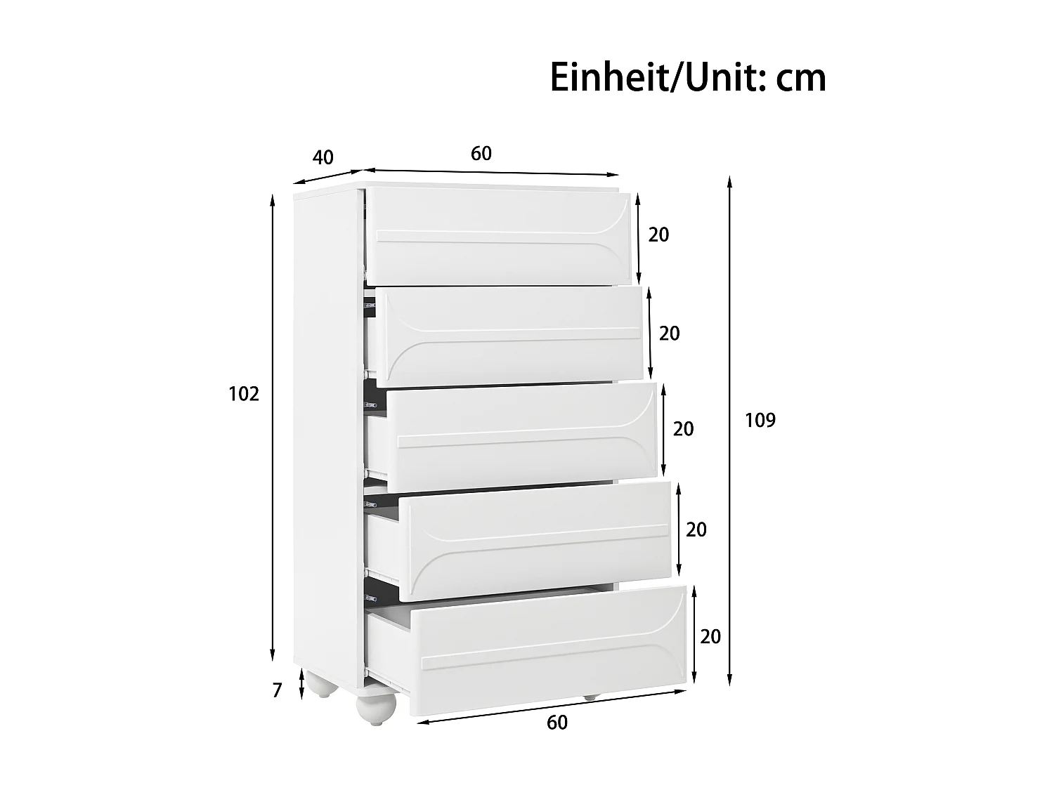 Ladekast met 5 laden - 60 x 40 x 109 cm - elegant reliëfdesign - metalen poten - spaanplaat + MDF - wit