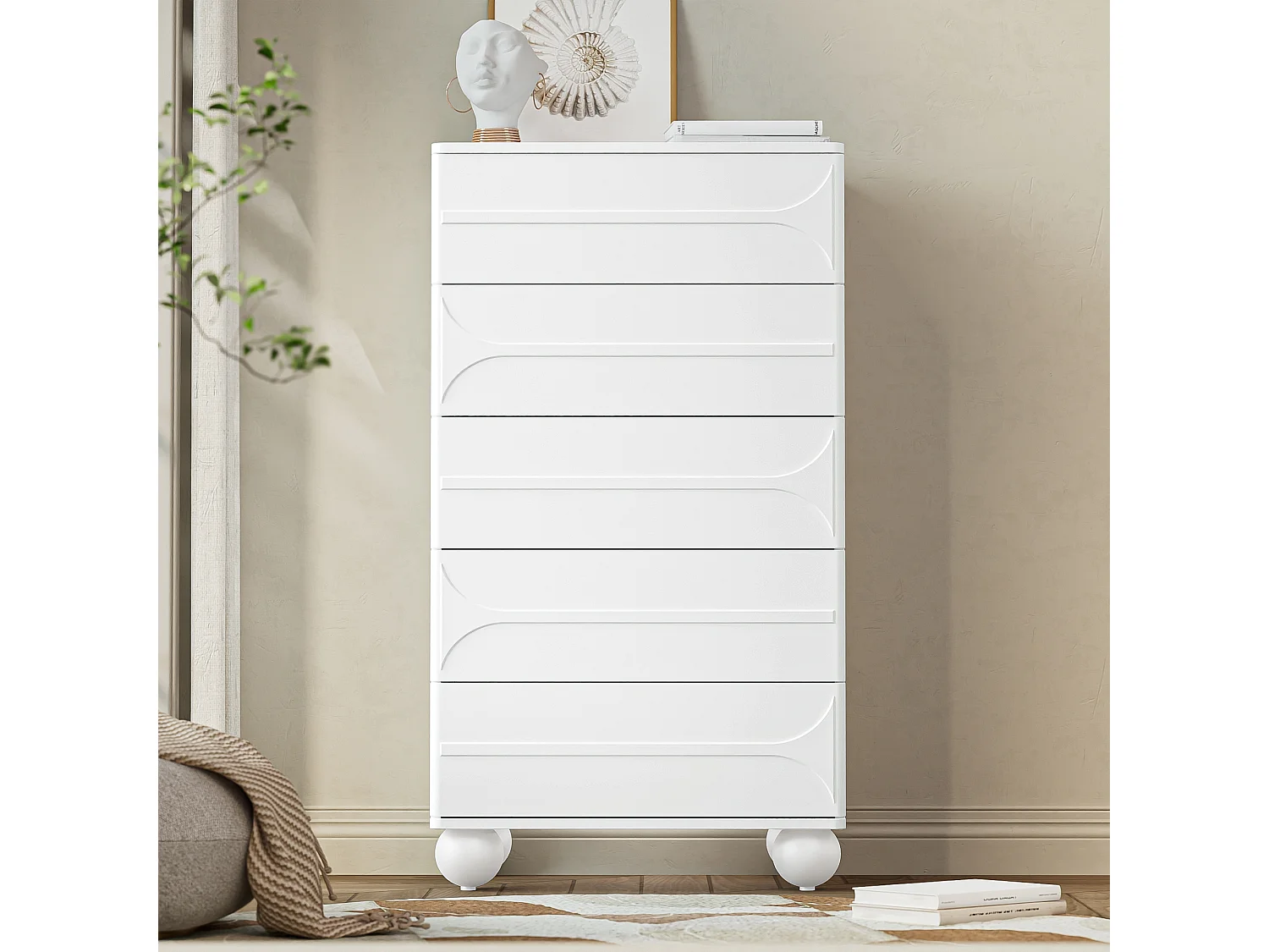 Ladekast met 5 laden - 60 x 40 x 109 cm - elegant reliëfdesign - metalen poten - spaanplaat + MDF - wit