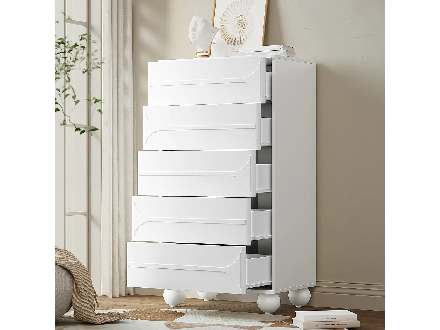 Ladekast met 5 laden - 60 x 40 x 109 cm - elegant reliëfdesign - metalen poten - spaanplaat + MDF - wit