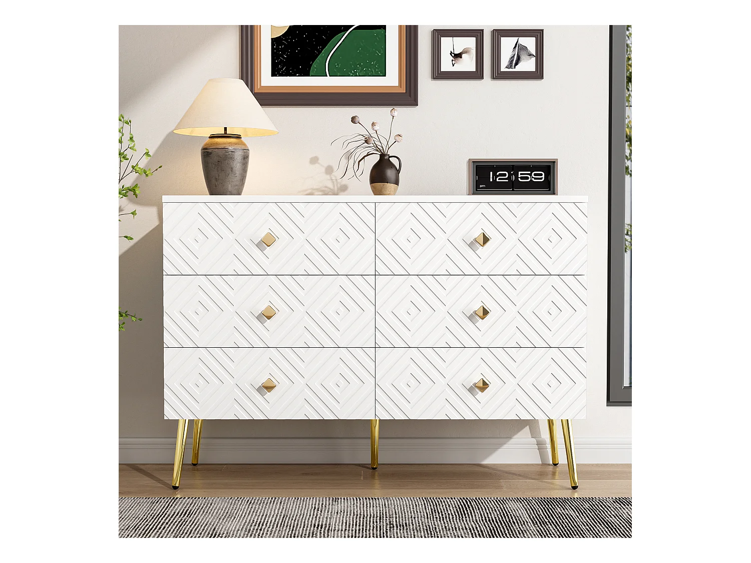 Commode moderne à 6 tiroirs – 120 x 40 x 80 cm – Pieds en métal – pour la chambre et le salon - aggloméré + MDF - blanc