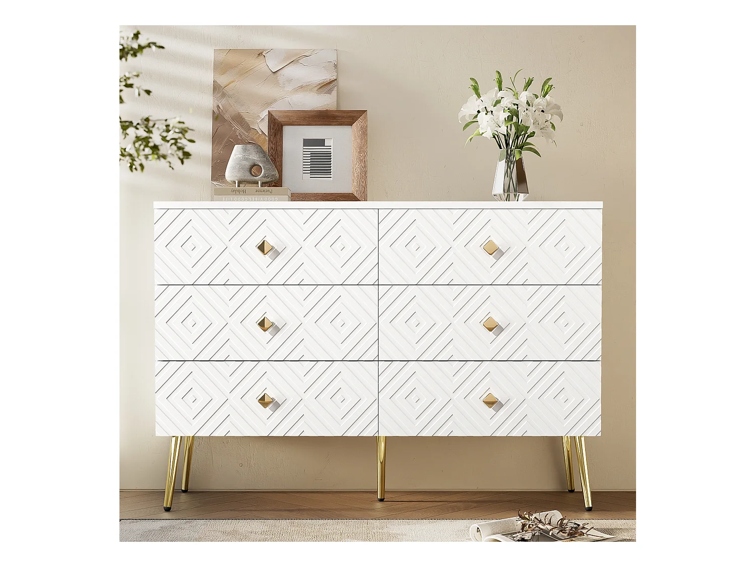 Commode moderne à 6 tiroirs – 120 x 40 x 80 cm – Pieds en métal – pour la chambre et le salon - aggloméré + MDF - blanc