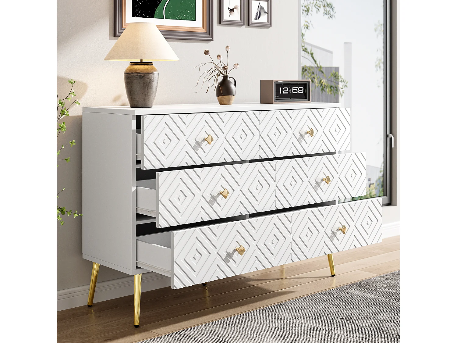 Commode moderne à 6 tiroirs – 120 x 40 x 80 cm – Pieds en métal – pour la chambre et le salon - aggloméré + MDF - blanc