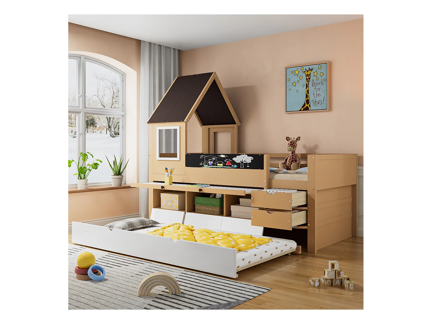 Lit gigogne cabane - 90 x 200 cm + 90 x 190 cm - avec 2 tiroirs et table gigogne - pin + MDF - blanc+naturel