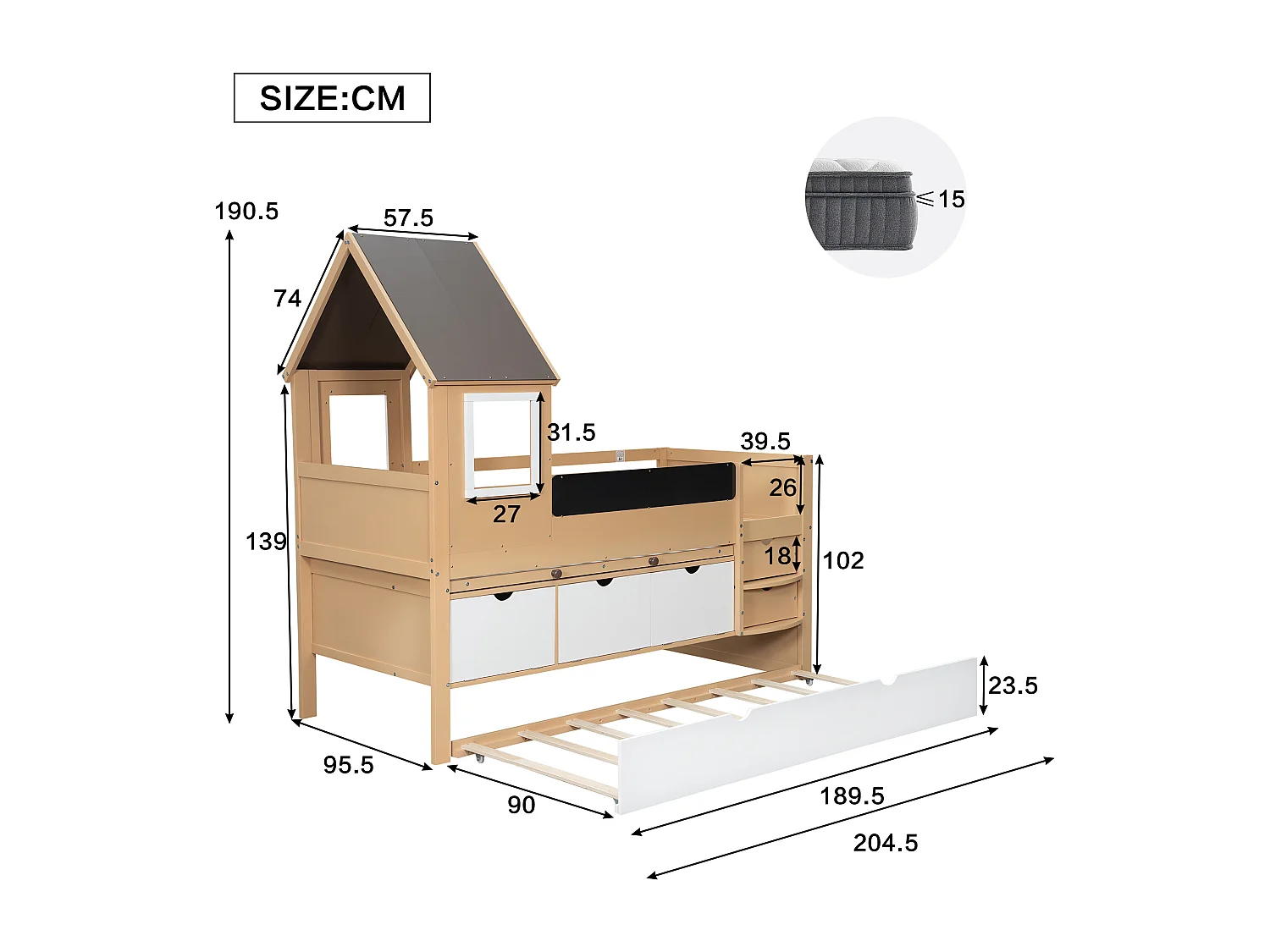 Lit gigogne cabane - 90 x 200 cm + 90 x 190 cm - avec 2 tiroirs et table gigogne - pin + MDF - blanc+naturel