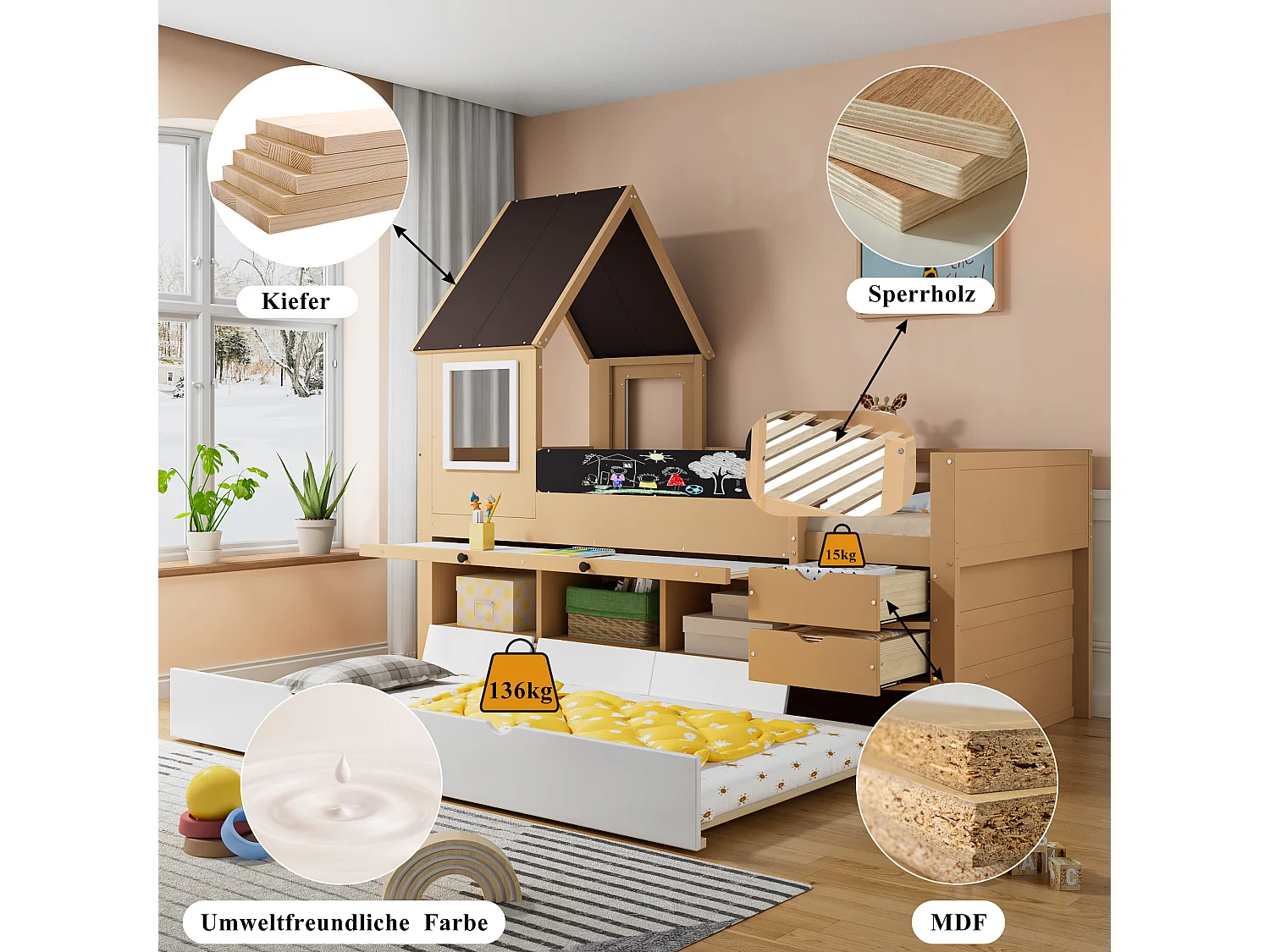 Lit gigogne cabane - 90 x 200 cm + 90 x 190 cm - avec 2 tiroirs et table gigogne - pin + MDF - blanc+naturel