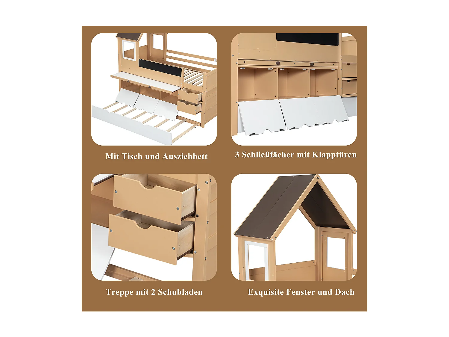 Lit gigogne cabane - 90 x 200 cm + 90 x 190 cm - avec 2 tiroirs et table gigogne - pin + MDF - blanc+naturel