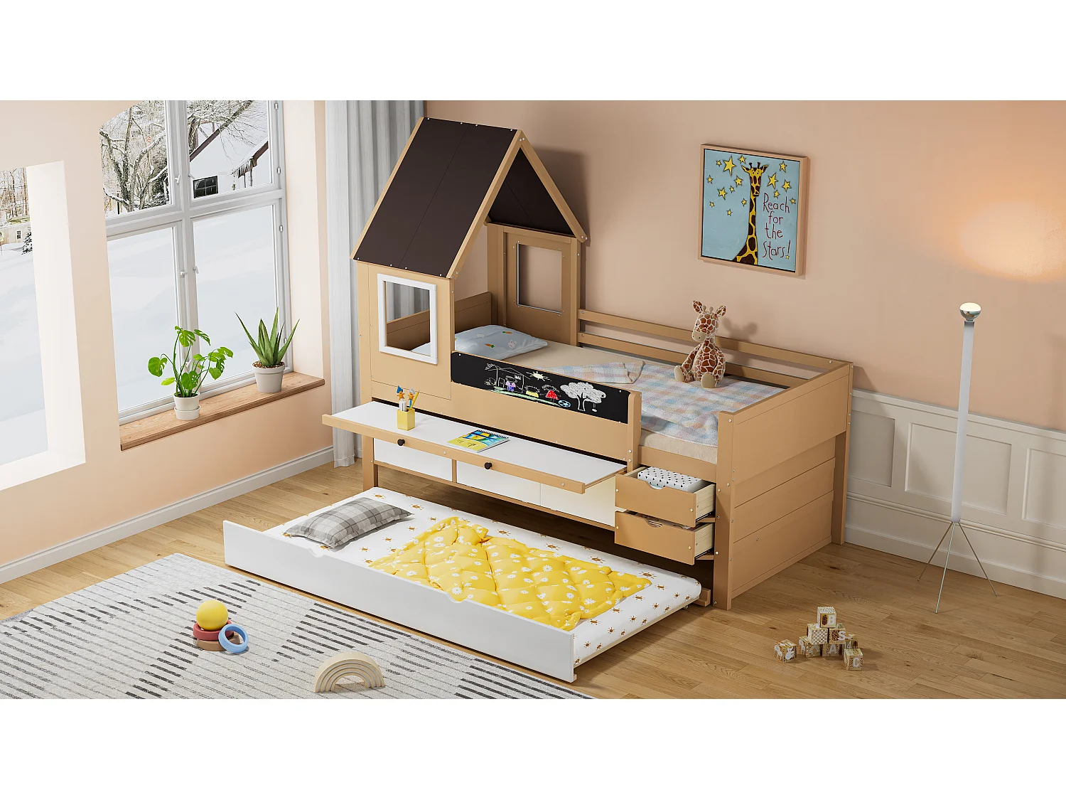 Lit gigogne cabane - 90 x 200 cm + 90 x 190 cm - avec 2 tiroirs et table gigogne - pin + MDF - blanc+naturel