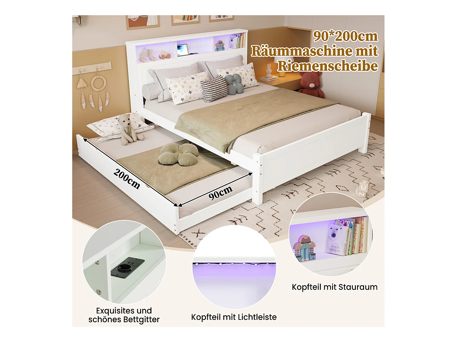 Cama nido doble - 120 x 200 cm + 90 x 190 cm - con LED y almacenaje en el cabecero - pino + MDF - blanco