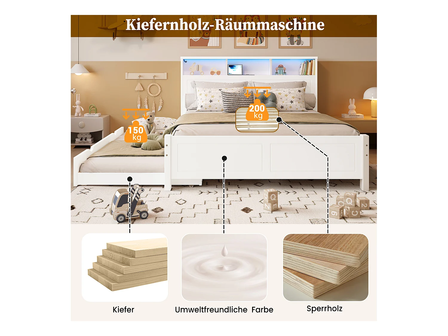 Cama nido doble - 120 x 200 cm + 90 x 190 cm - con LED y almacenaje en el cabecero - pino + MDF - blanco