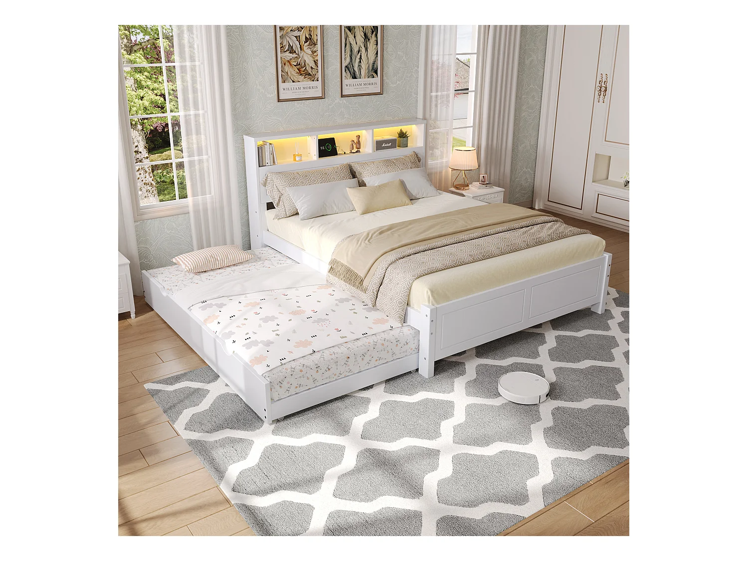 Cama nido doble - 120 x 200 cm + 90 x 190 cm - con LED y almacenaje en el cabecero - pino + MDF - blanco