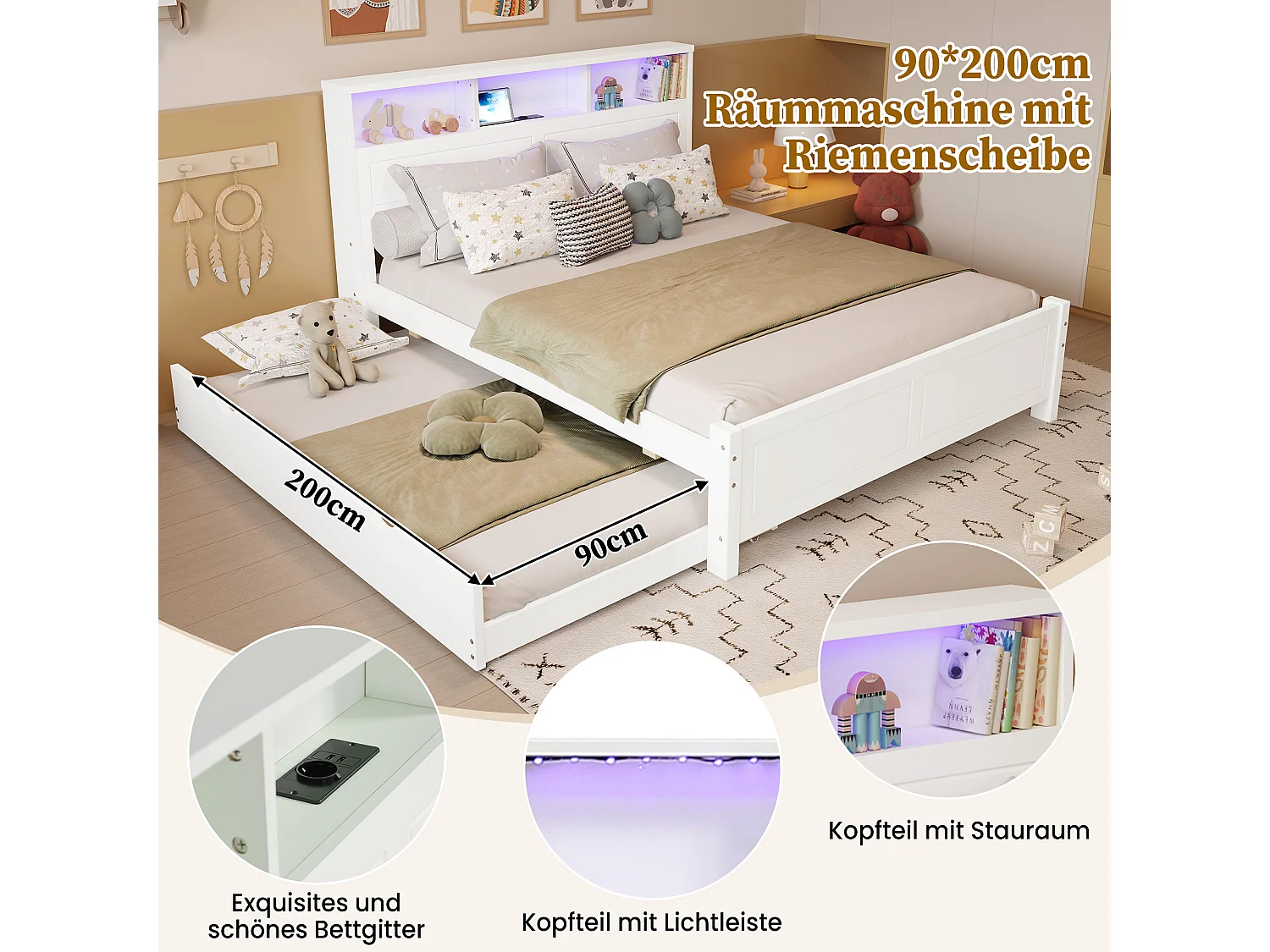 Lit gigogne double - 120 x 200 cm + 90 x 190 cm - avec Leds et rangement en tête de lit - pin + MDF - blanc