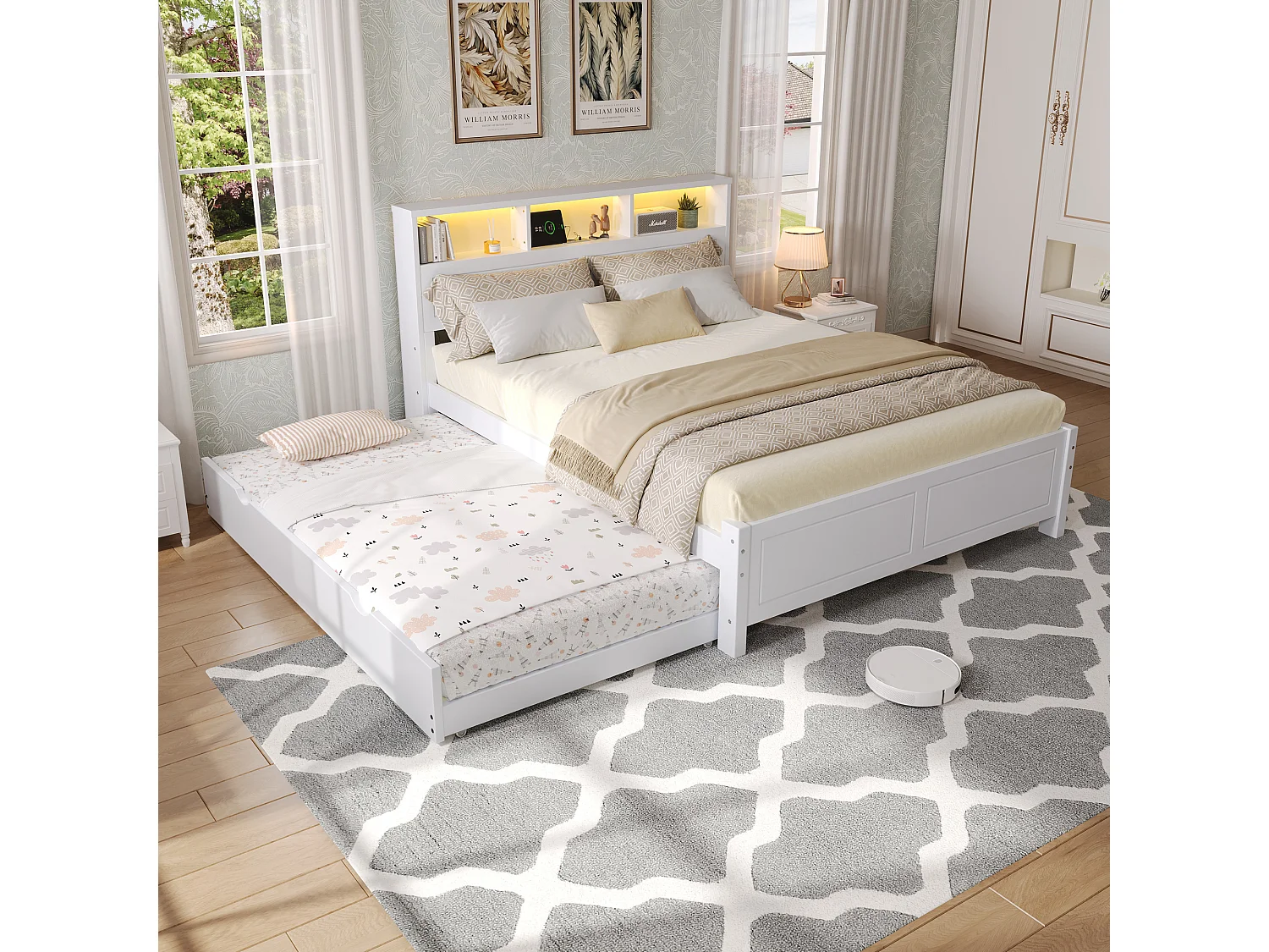 Lit gigogne double - 120 x 200 cm + 90 x 190 cm - avec Leds et rangement en tête de lit - pin + MDF - blanc