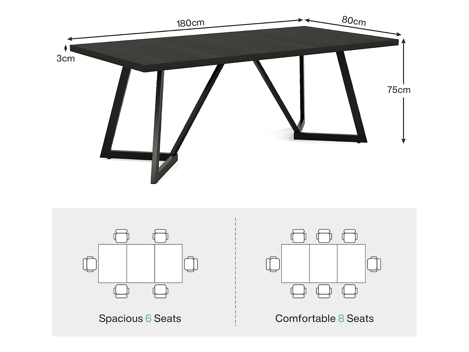 Grand Bureau rectangulaire pour Ordinateur Portable avec Structure en métal - 180 cm - pour Le Bureau à la Maison - Noir