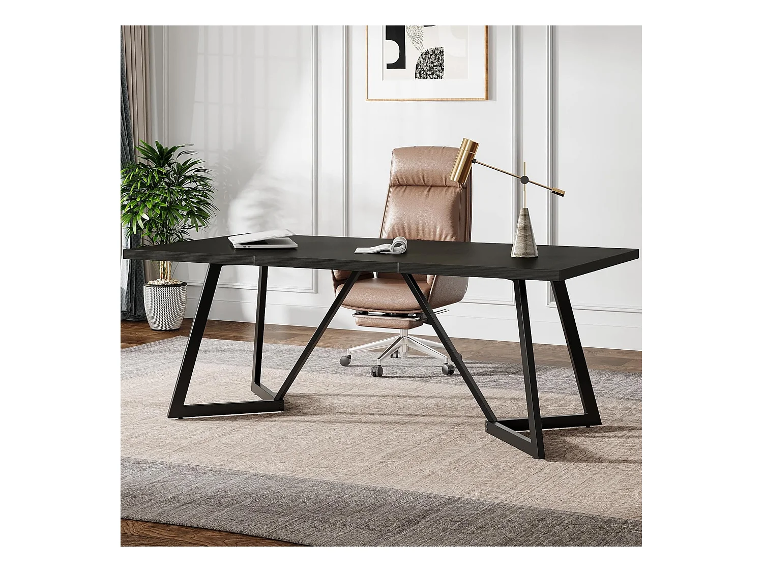 Grand Bureau rectangulaire pour Ordinateur Portable avec Structure en métal - 180 cm - pour Le Bureau à la Maison - Noir