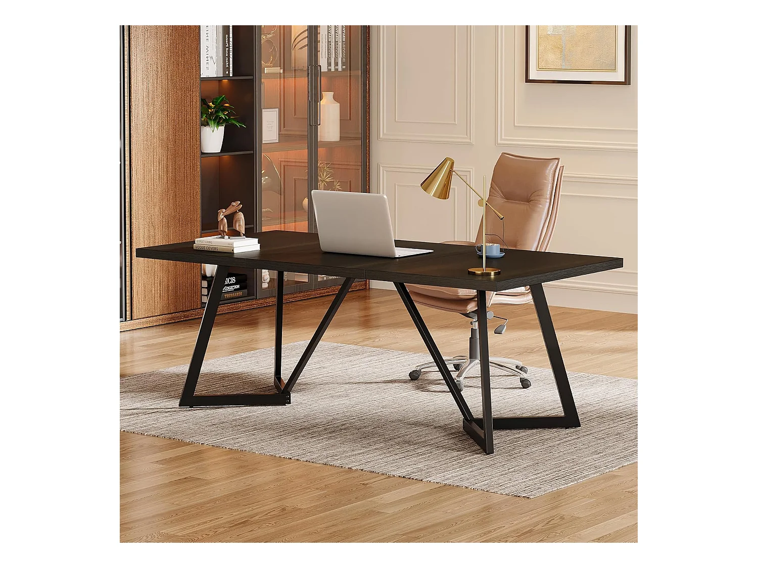 Grand Bureau rectangulaire pour Ordinateur Portable avec Structure en métal - 180 cm - pour Le Bureau à la Maison - Noir