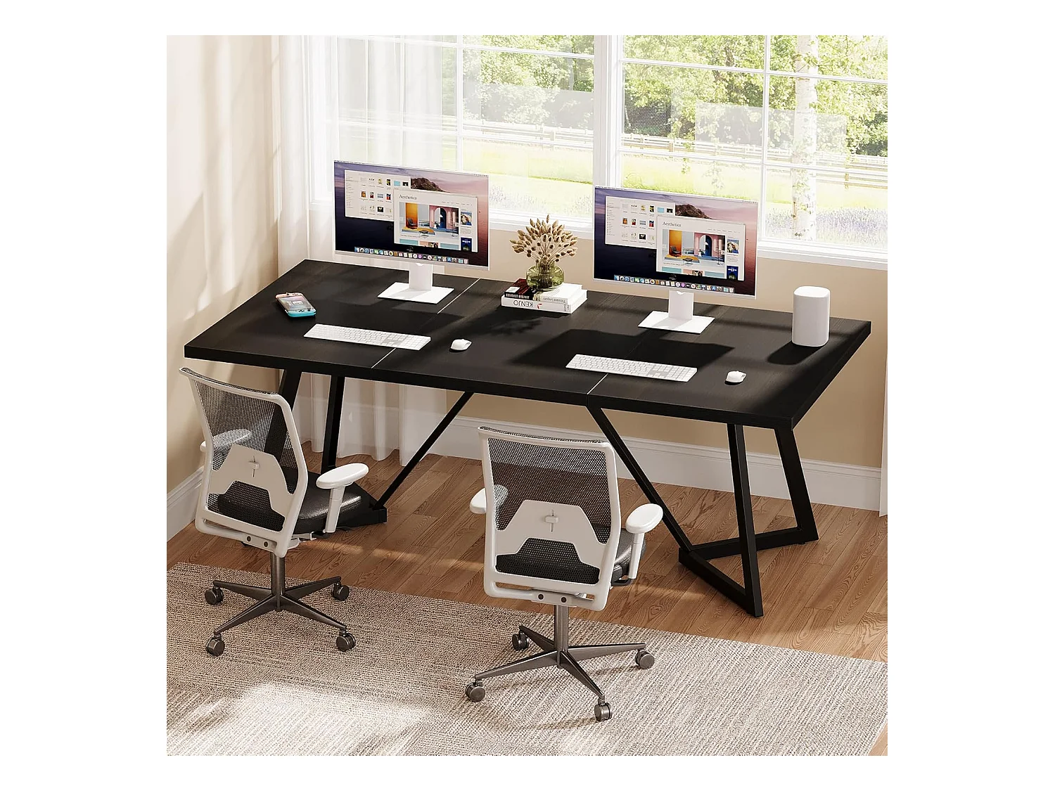 Grand Bureau rectangulaire pour Ordinateur Portable avec Structure en métal - 180 cm - pour Le Bureau à la Maison - Noir