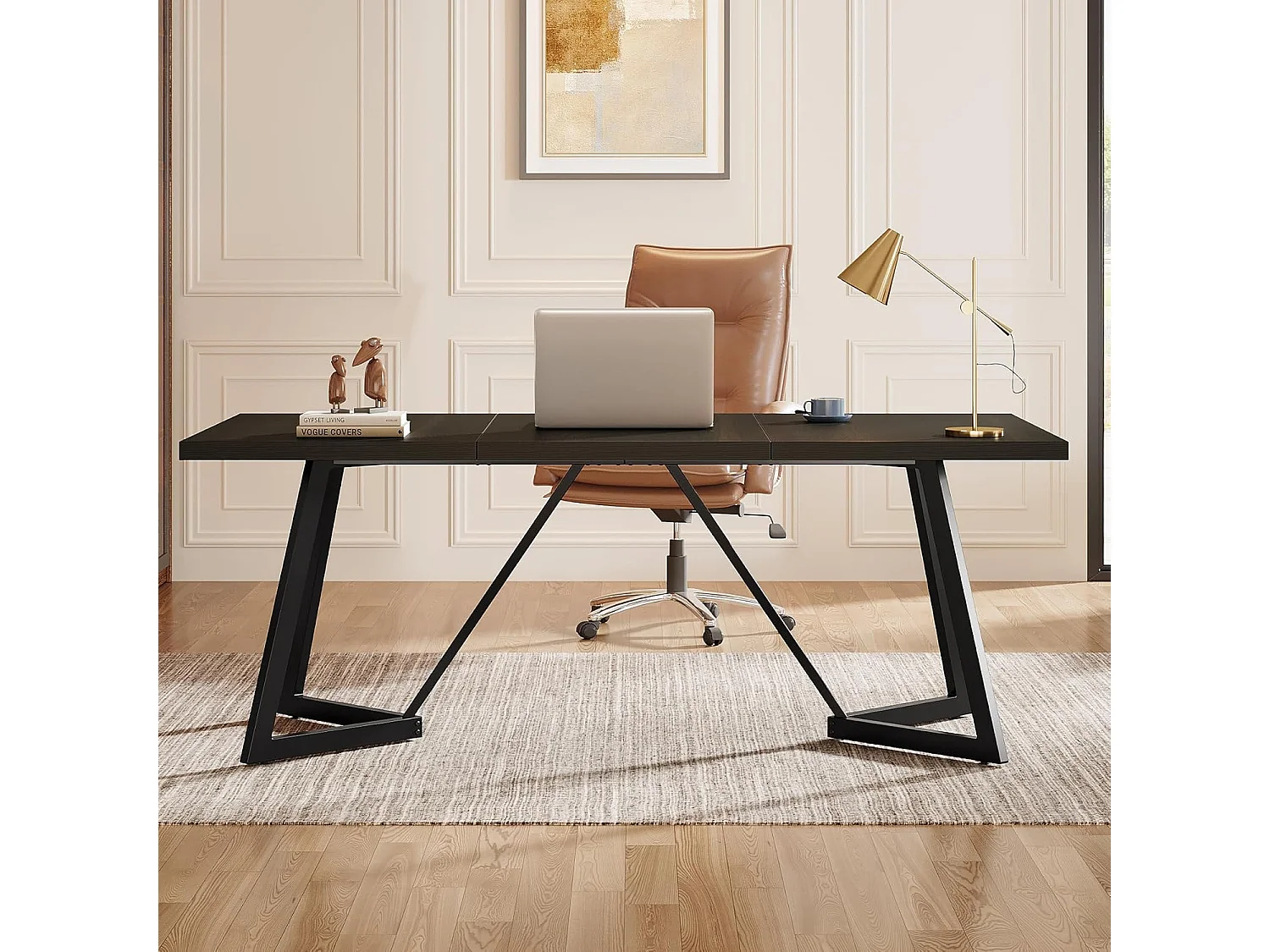 Groot rechthoekig laptopbureau met metalen frame - 180 cm - voor thuiskantoor - zwart