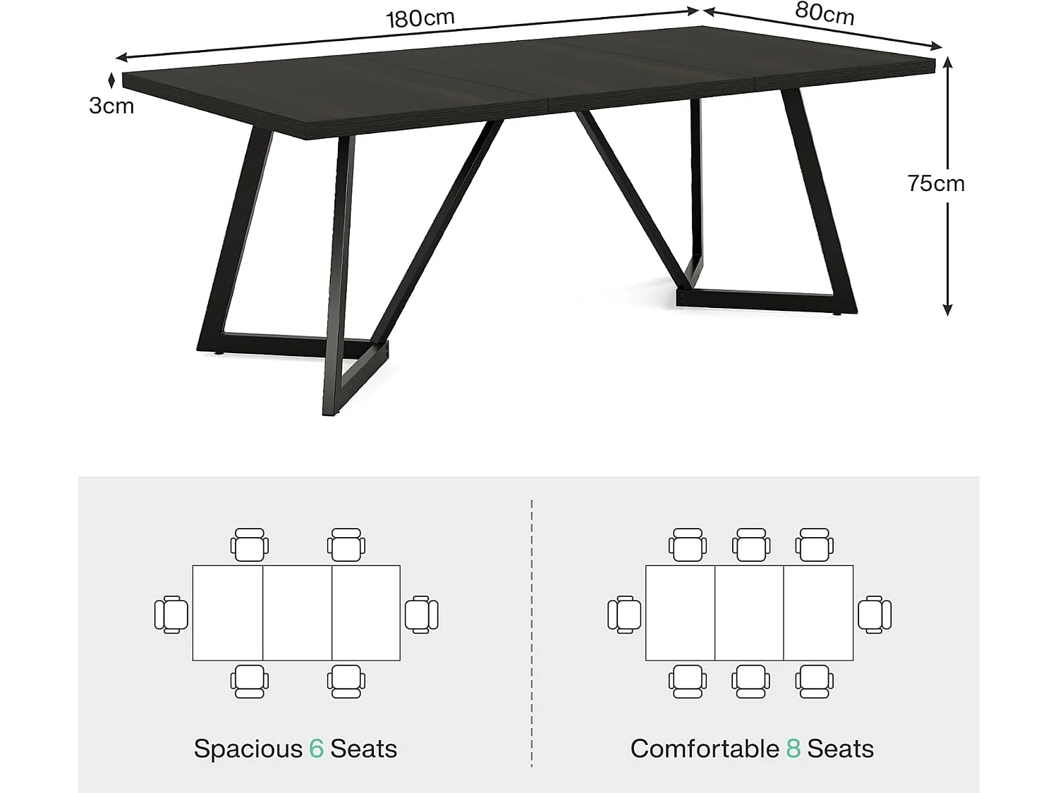 Scrivania rettangolare grande per laptop con struttura in metallo - 180 cm - per ufficio domestico - Nero