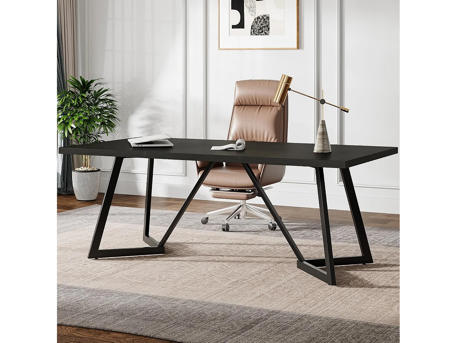 Scrivania rettangolare grande per laptop con struttura in metallo - 180 cm - per ufficio domestico - Nero