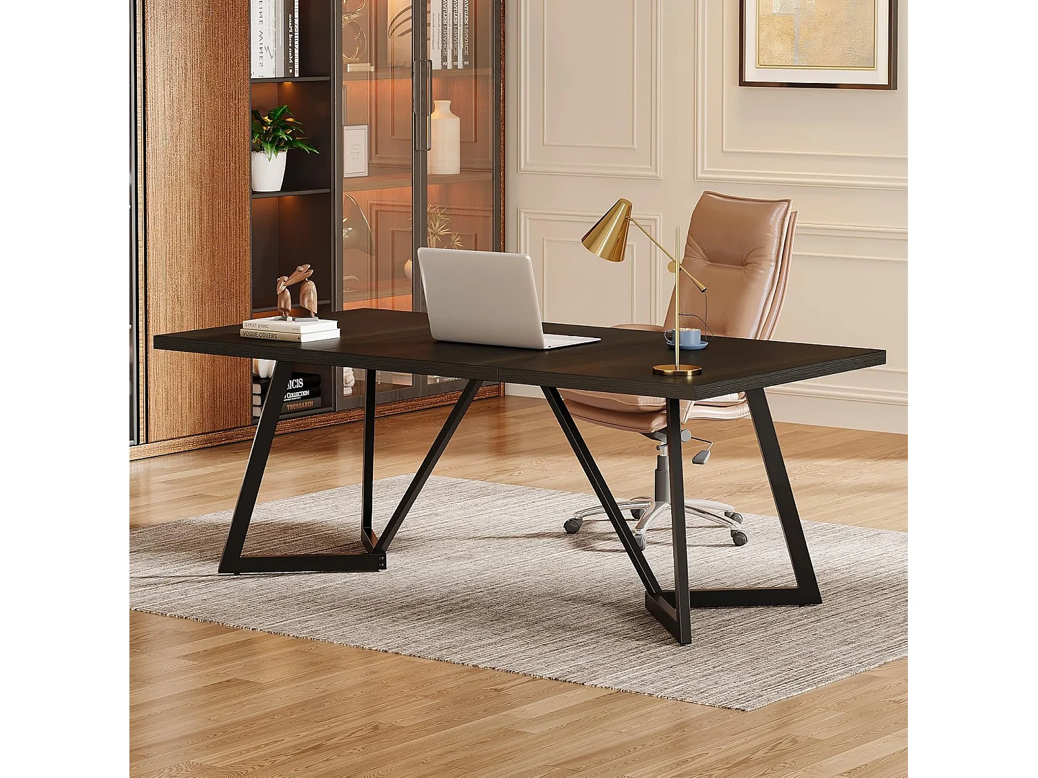 Scrivania rettangolare grande per laptop con struttura in metallo - 180 cm - per ufficio domestico - Nero