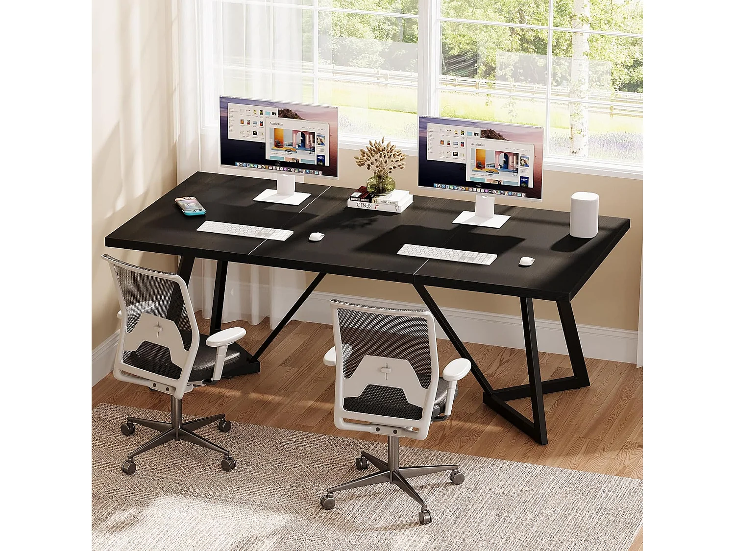 Scrivania rettangolare grande per laptop con struttura in metallo - 180 cm - per ufficio domestico - Nero