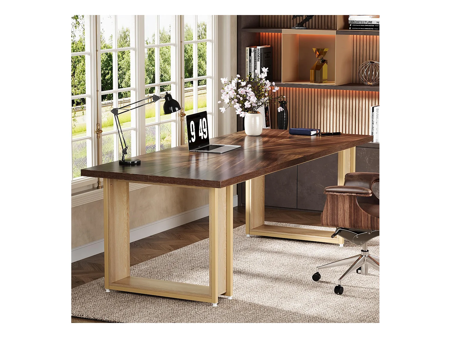 Bureau 160cm, Table Simple en Bois, Grande Table D'Ordinateur Brun Rustique pour Affaires