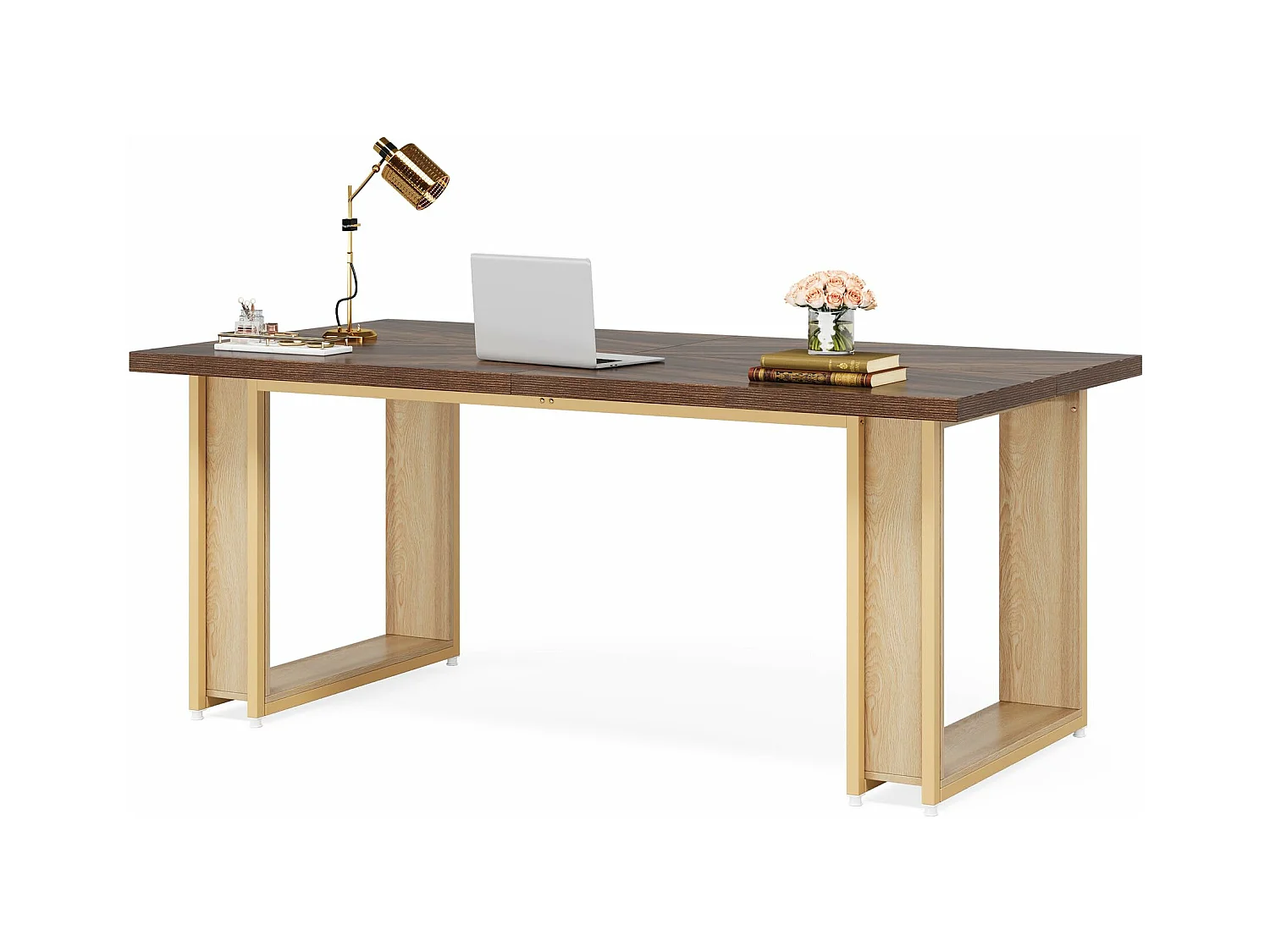Escrivaninha de 160 cm, Mesa Simples de Madeira, Grande Mesa de Computador Marrom Rústica para Negócios