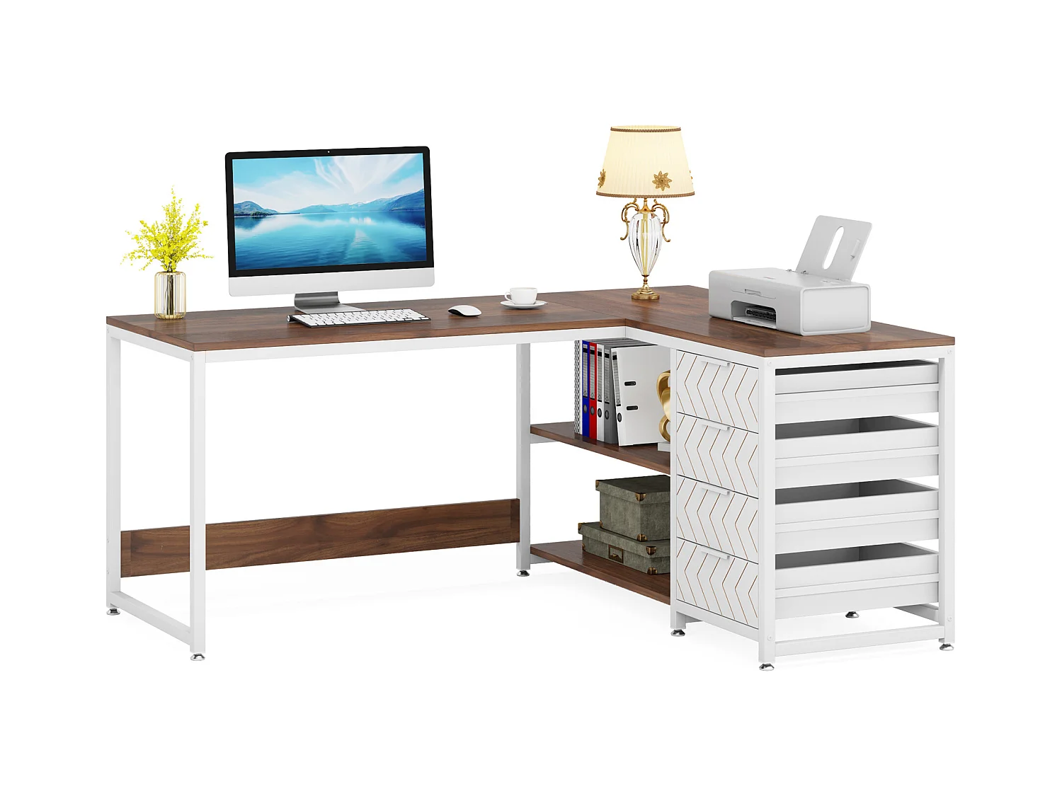 Scrivania angolare reversibile a L con 4 cassetti, 155 x 110 x 75 cm, noce e bianco