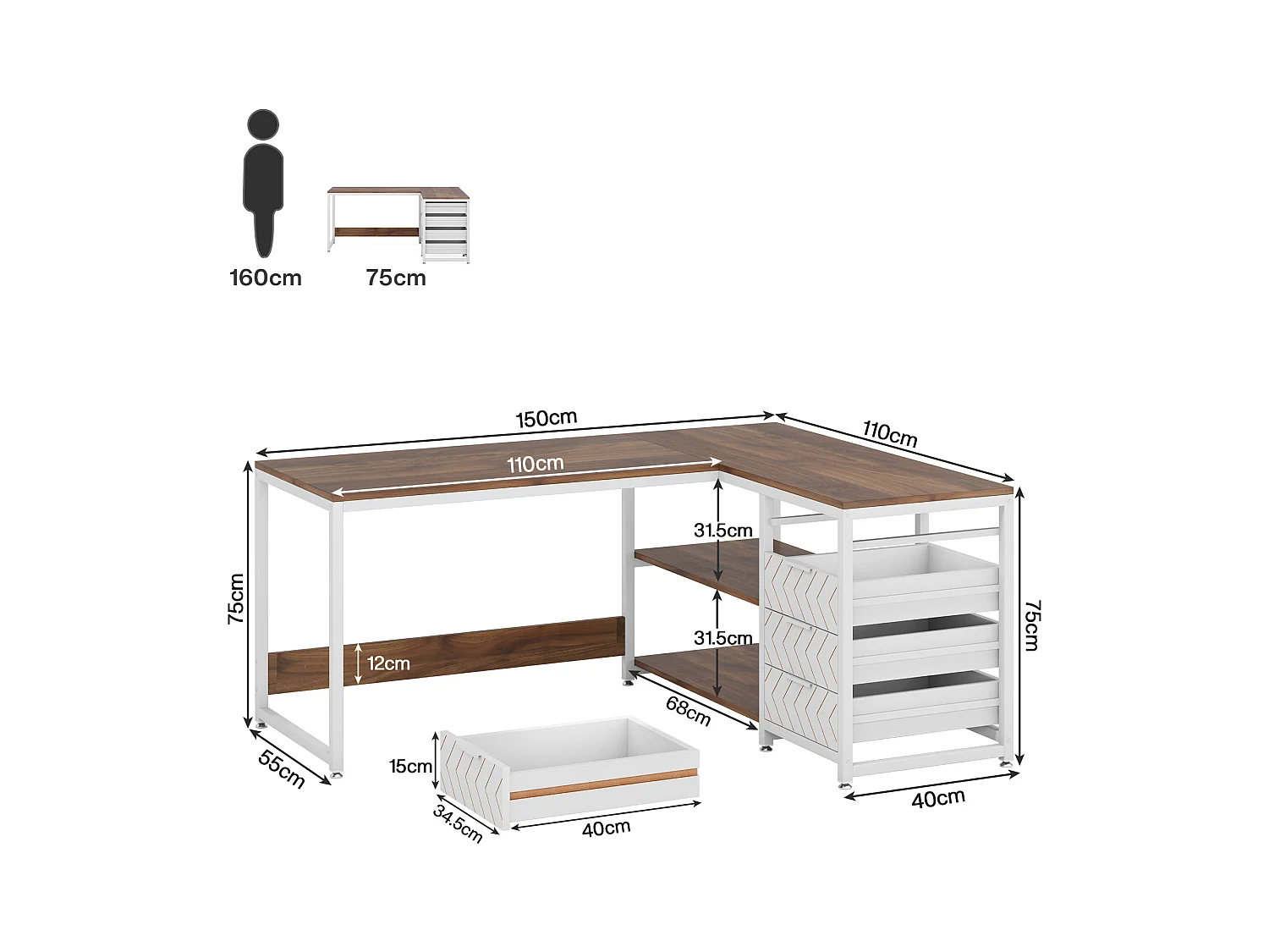 Scrivania angolare reversibile a L con 4 cassetti, 155 x 110 x 75 cm, noce e bianco