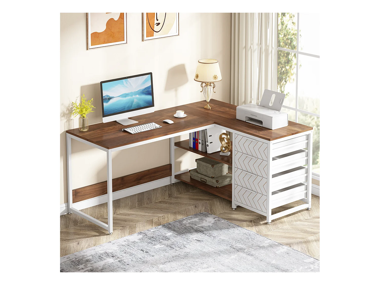 Scrivania angolare reversibile a L con 4 cassetti, 155 x 110 x 75 cm, noce e bianco