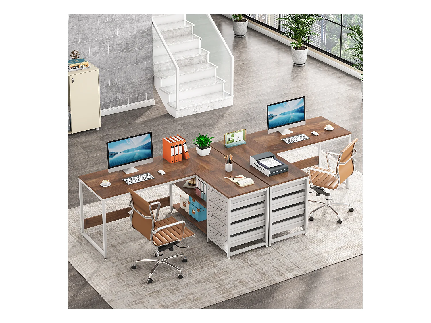 Scrivania angolare reversibile a L con 4 cassetti, 155 x 110 x 75 cm, noce e bianco