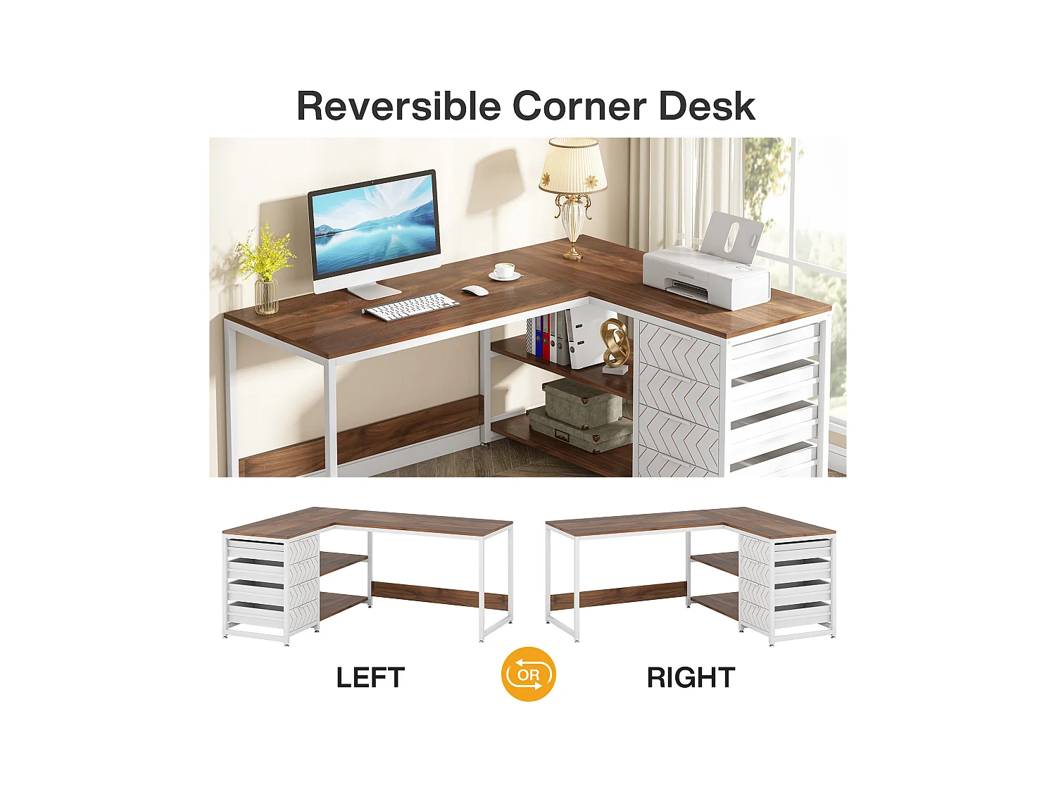 Scrivania angolare reversibile a L con 4 cassetti, 155 x 110 x 75 cm, noce e bianco