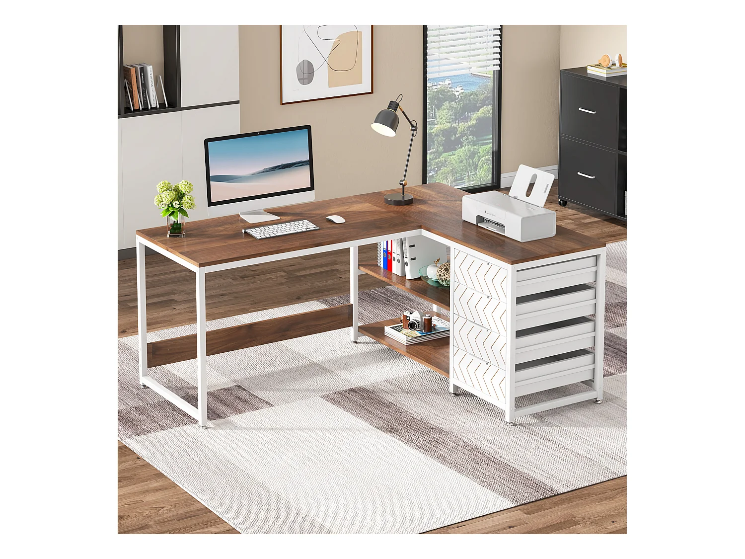 Scrivania angolare reversibile a L con 4 cassetti, 155 x 110 x 75 cm, noce e bianco