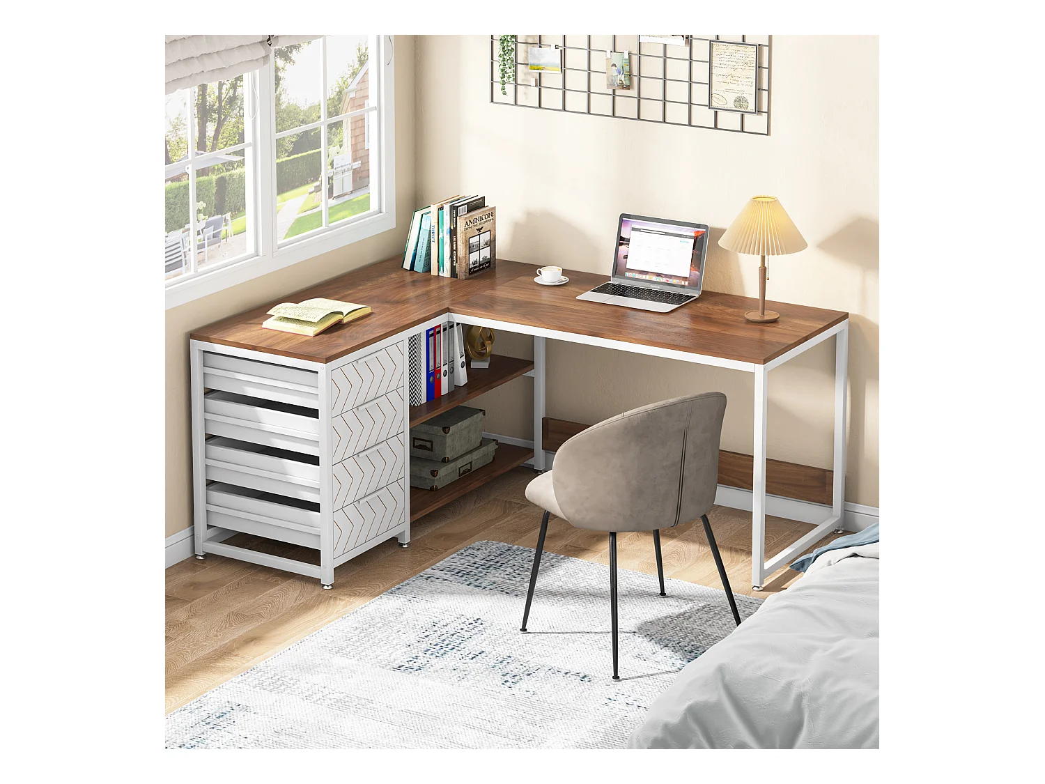 Scrivania angolare reversibile a L con 4 cassetti, 155 x 110 x 75 cm, noce e bianco