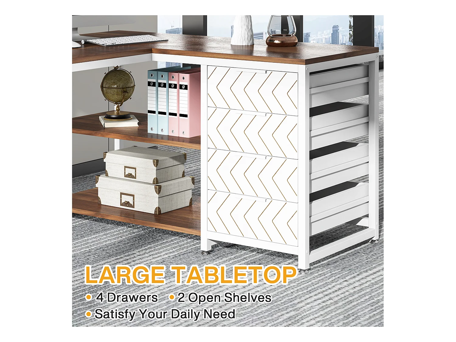 Scrivania angolare reversibile a L con 4 cassetti, 155 x 110 x 75 cm, noce e bianco