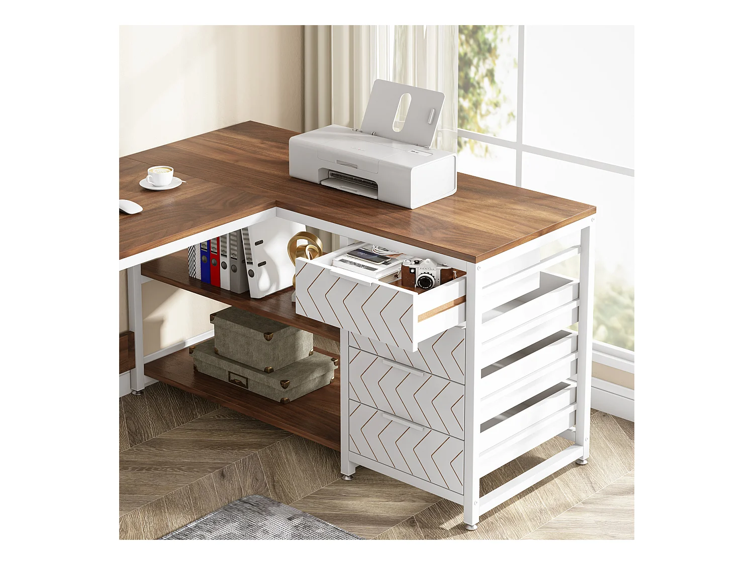 Scrivania angolare reversibile a L con 4 cassetti, 155 x 110 x 75 cm, noce e bianco