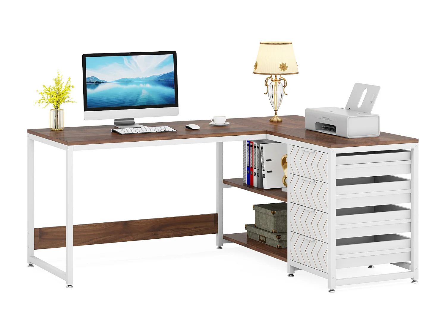 Bureau d'angle réversible en forme de L avec 4 tiroirs, 155 x 110 x 75 cm, noyer et blanc