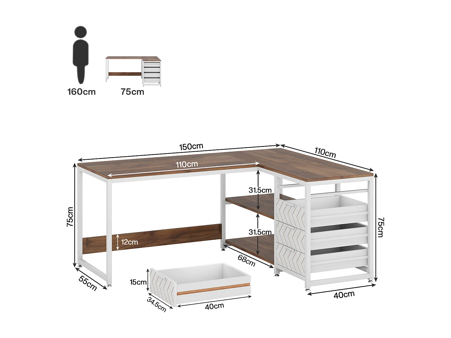 Bureau d'angle réversible en forme de L avec 4 tiroirs, 155 x 110 x 75 cm, noyer et blanc