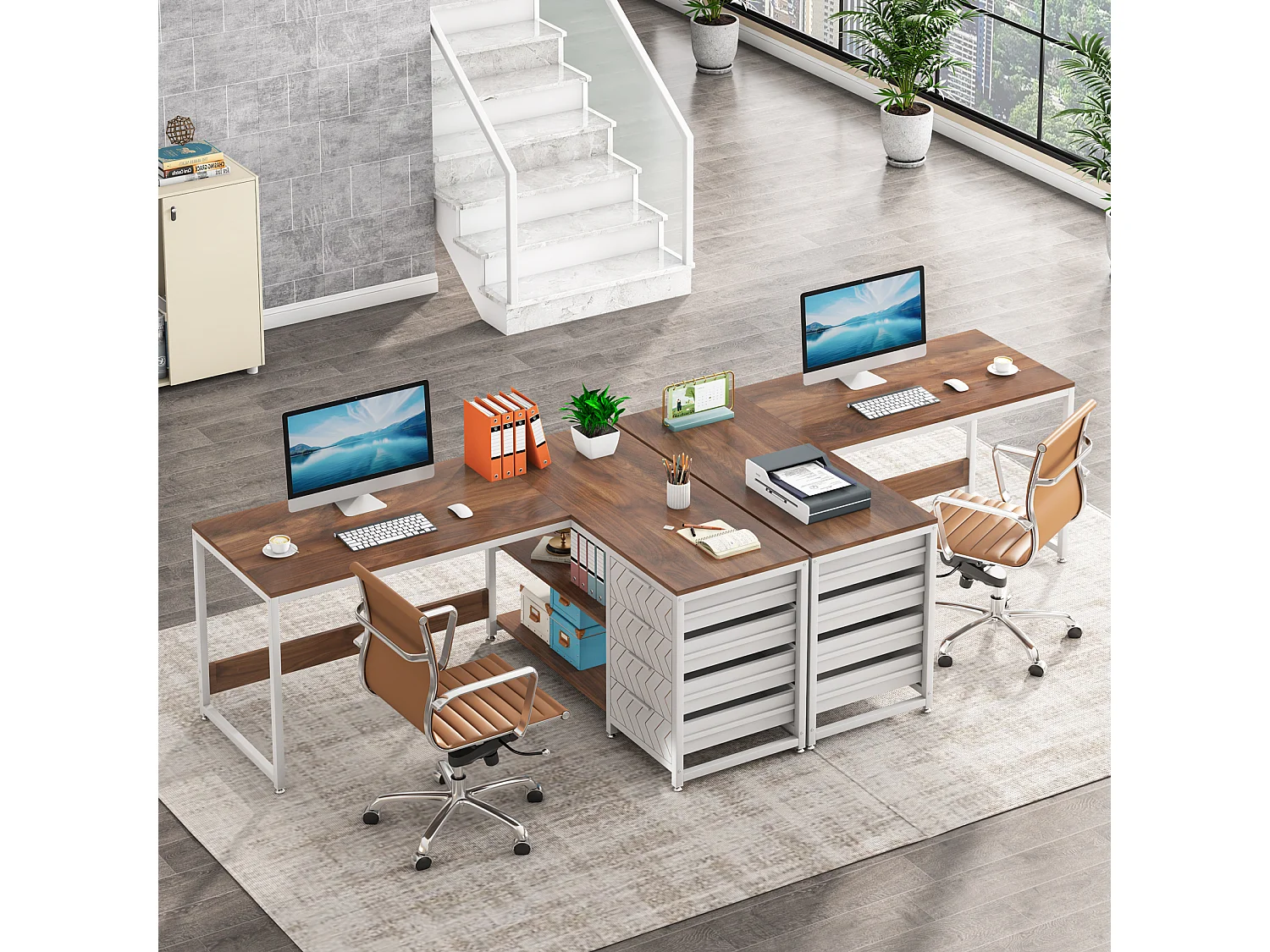 Bureau d'angle réversible en forme de L avec 4 tiroirs, 155 x 110 x 75 cm, noyer et blanc