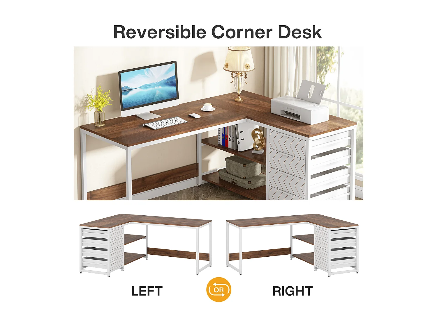 Bureau d'angle réversible en forme de L avec 4 tiroirs, 155 x 110 x 75 cm, noyer et blanc
