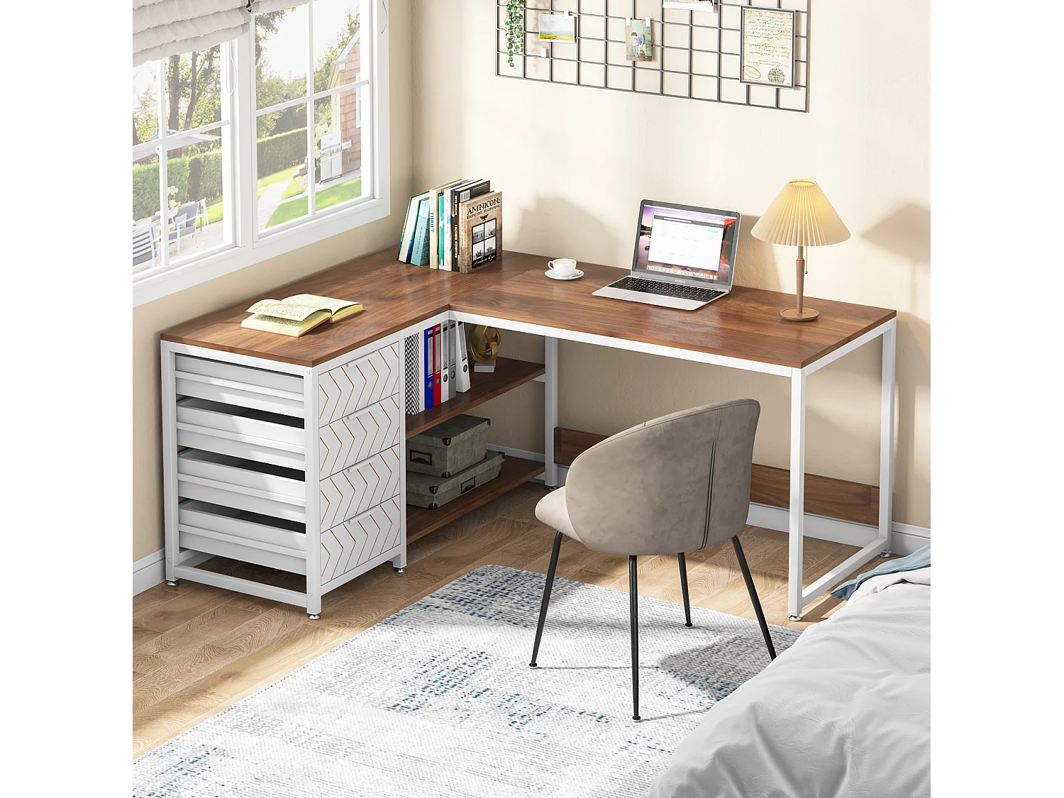 Bureau d'angle réversible en forme de L avec 4 tiroirs, 155 x 110 x 75 cm, noyer et blanc