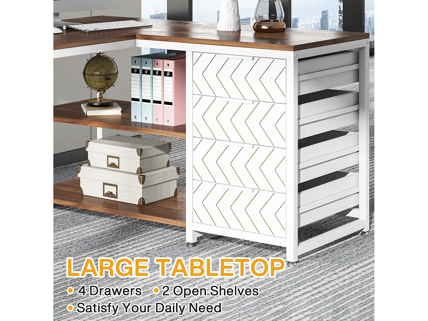 Bureau d'angle réversible en forme de L avec 4 tiroirs, 155 x 110 x 75 cm, noyer et blanc