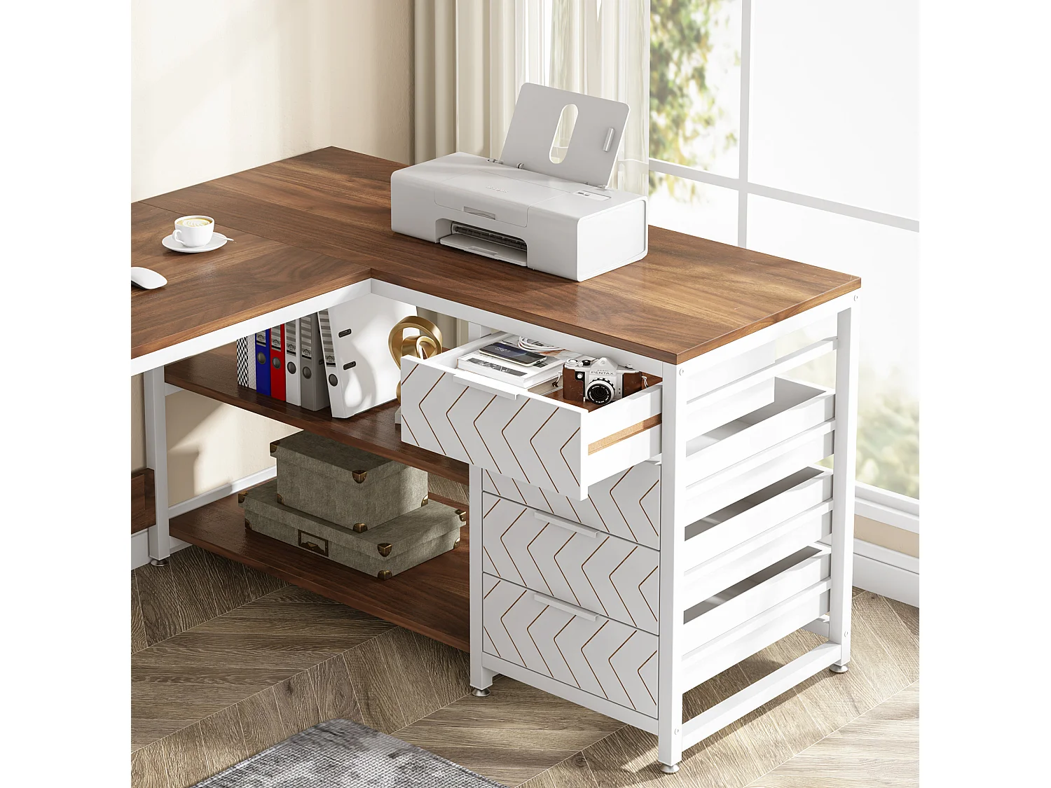 Bureau d'angle réversible en forme de L avec 4 tiroirs, 155 x 110 x 75 cm, noyer et blanc