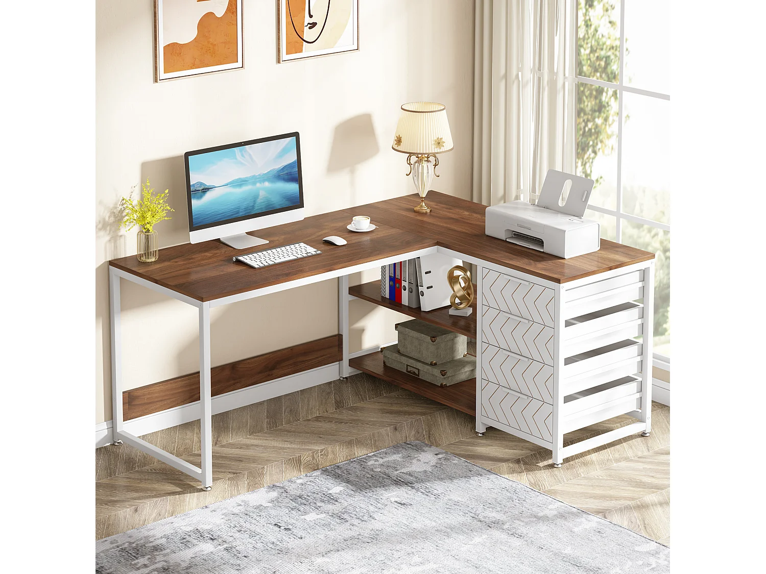 Bureau d'angle réversible en forme de L avec 4 tiroirs, 155 x 110 x 75 cm, noyer et blanc