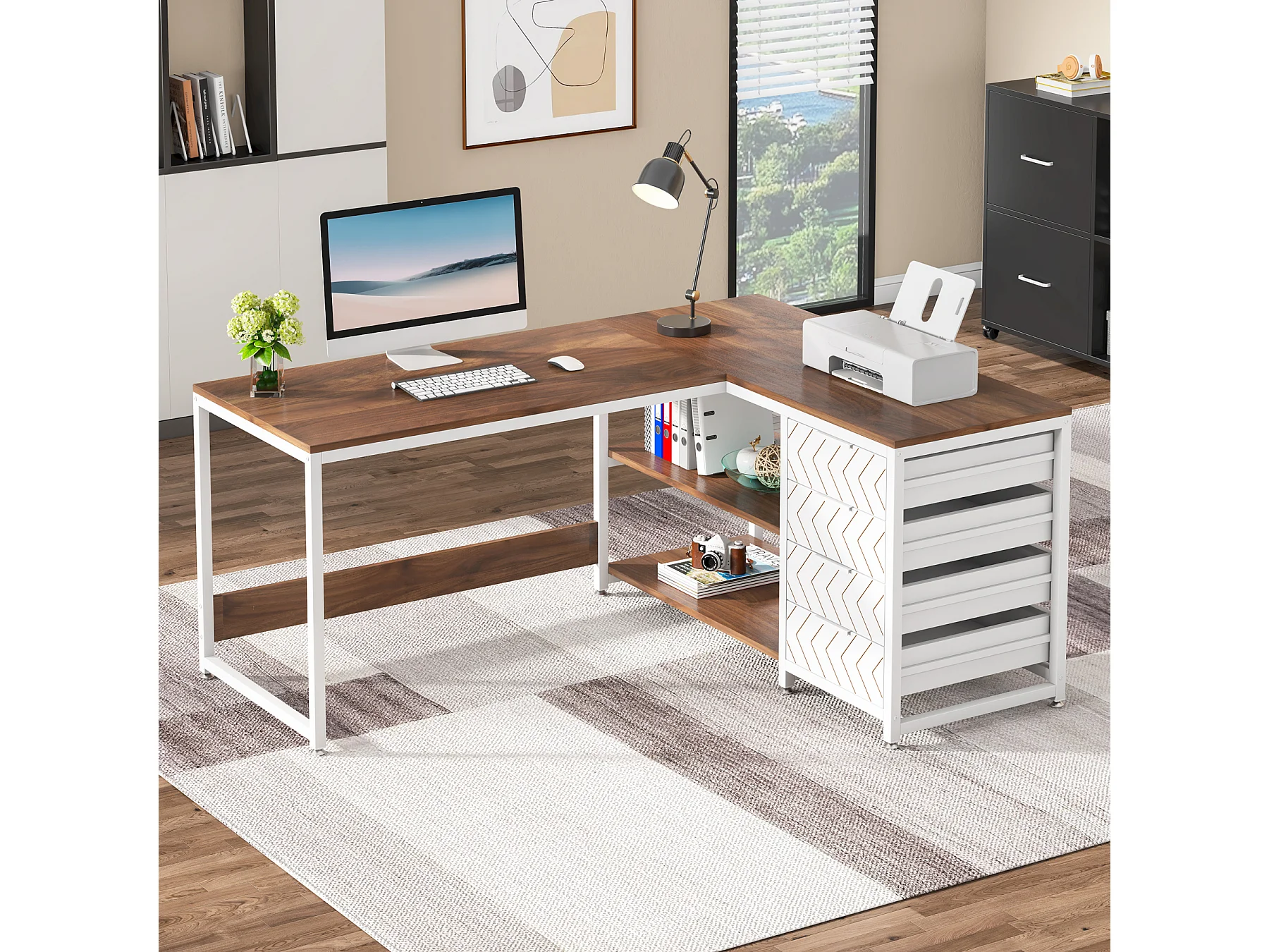 Meerveil L-vormig Hoekbureau Met 360° Draaibaar Boekenrek - Eiken/Wit 157x130,5 Cm