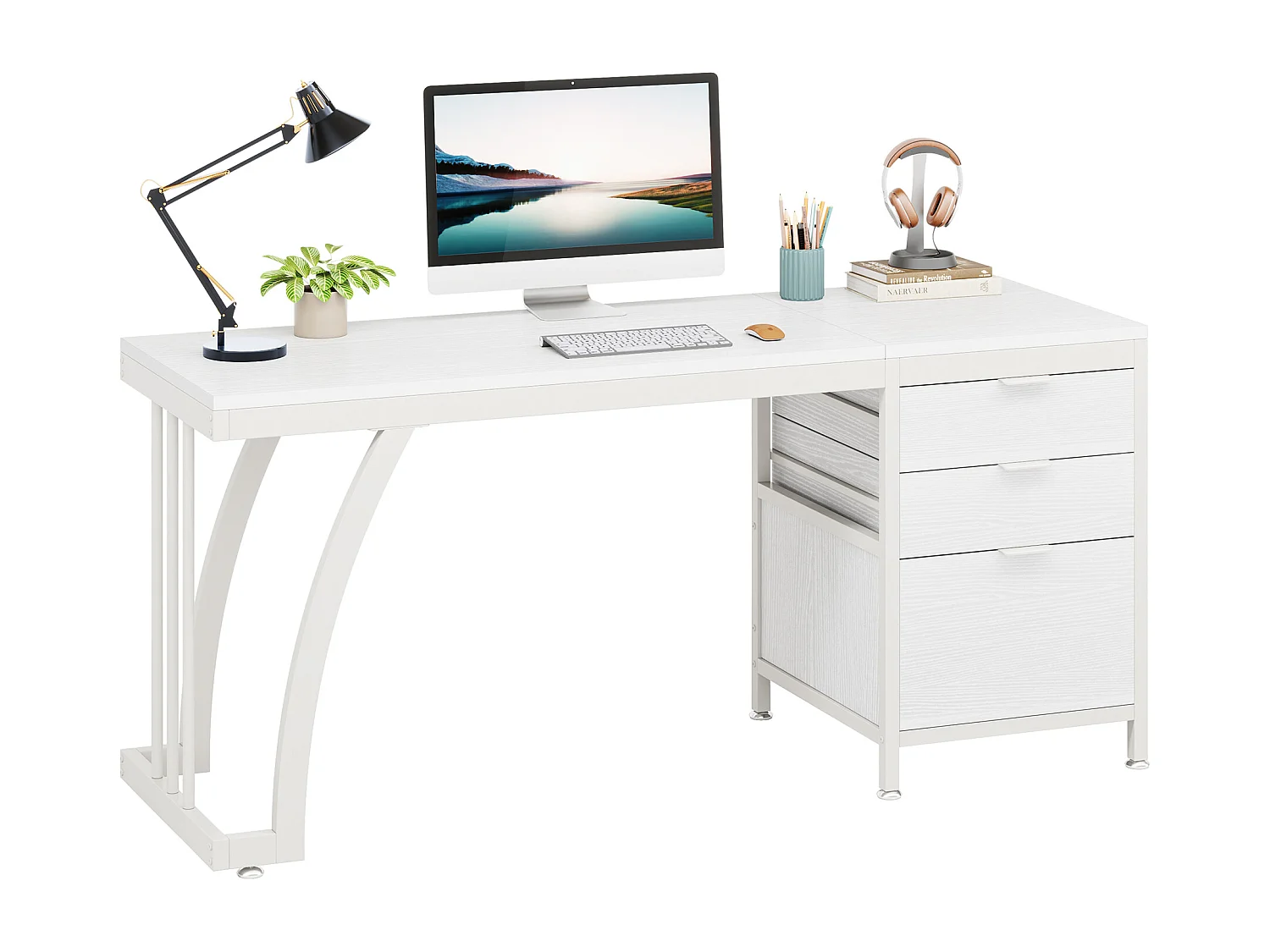 Scrivania A L Korfile 150 Cm Con Prese USB E Cassetti In Tessuto – Reversibile, Per Ufficio, Gaming E Casa, Marrone Rustico
