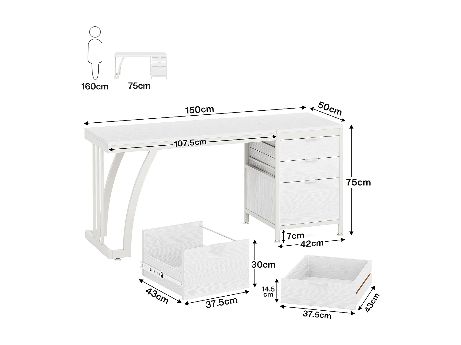 Biurko komputerowe z 3 szufladami 150 cm z odwracalnymi szufladami (białe)